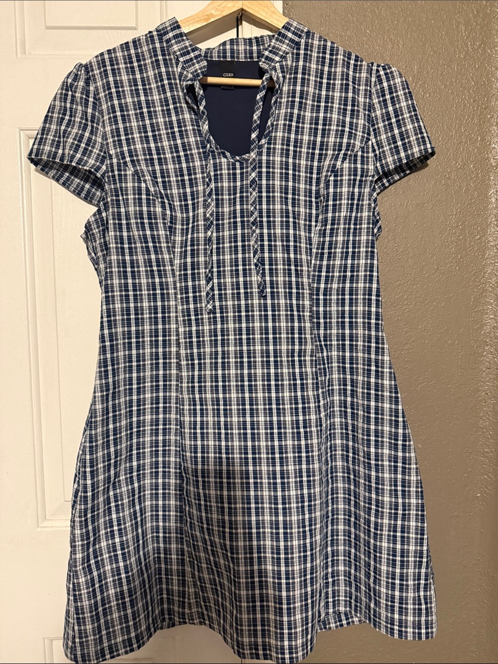 Cider-Blue Plaid Short Sleeve A-Line Dress
